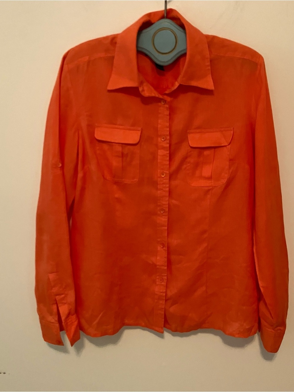 Womens Orange Linen Camp Button Down Shirt Long Sleeve Roll Tab Sz. 10
